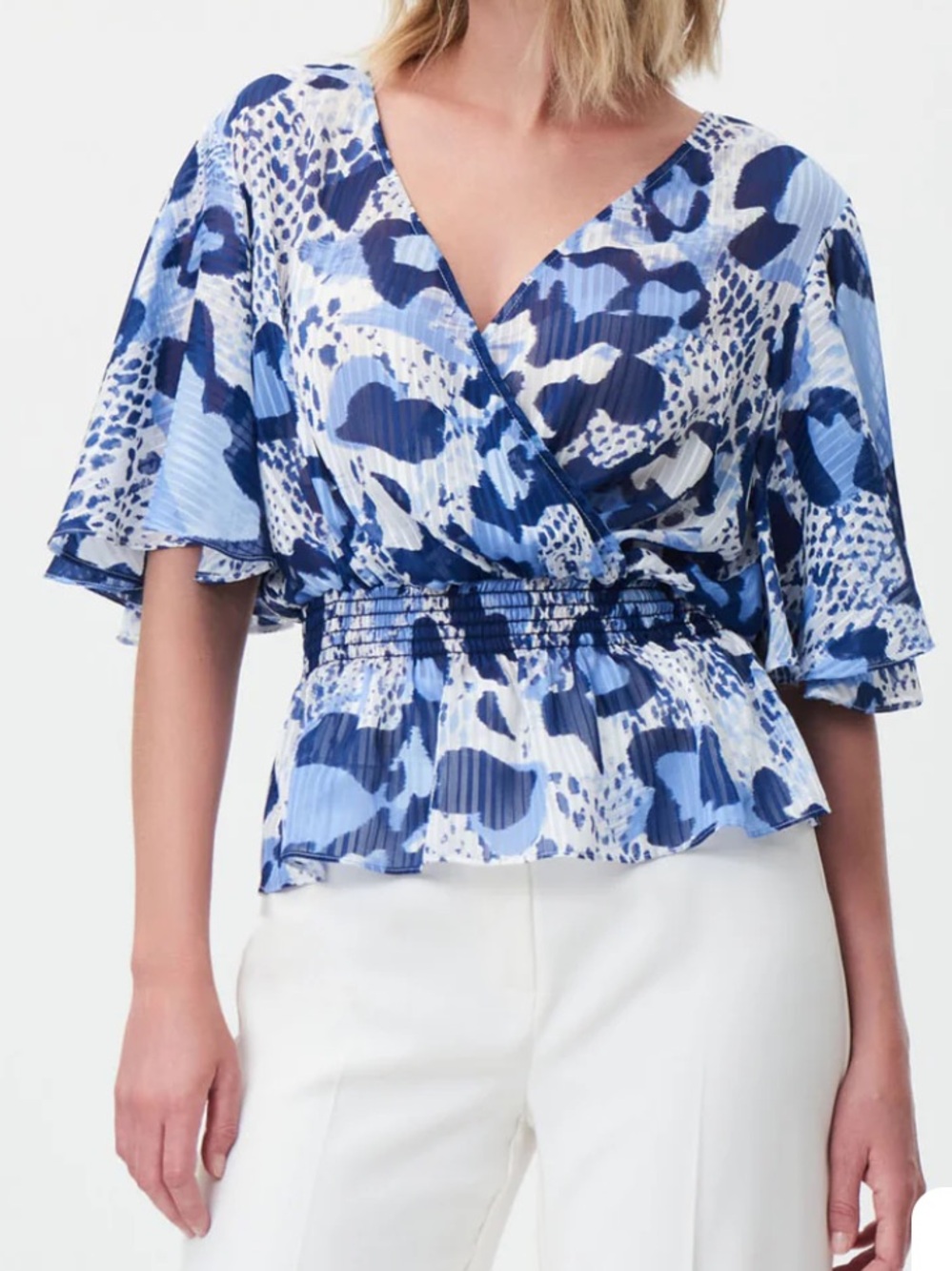 Joseph Ribkoff Blue/Vanilla Animal Print Shadow Stripe Top.Vacation, lightweight